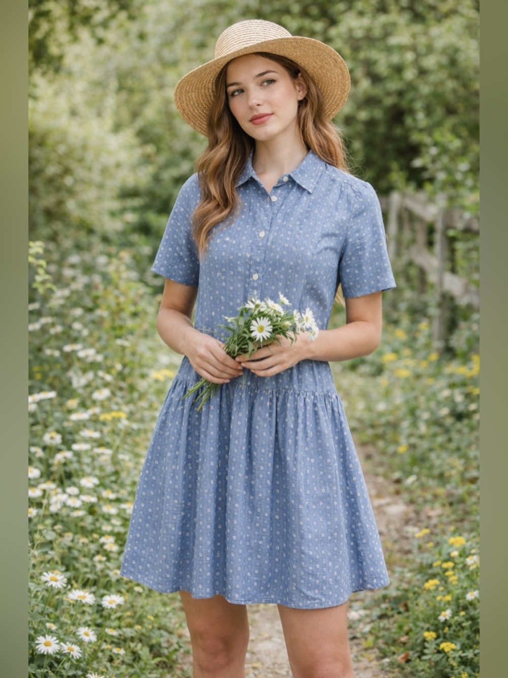 J.Crew Chambray Floral Mini Dress Size 2 Blue Button Front Cottagecore